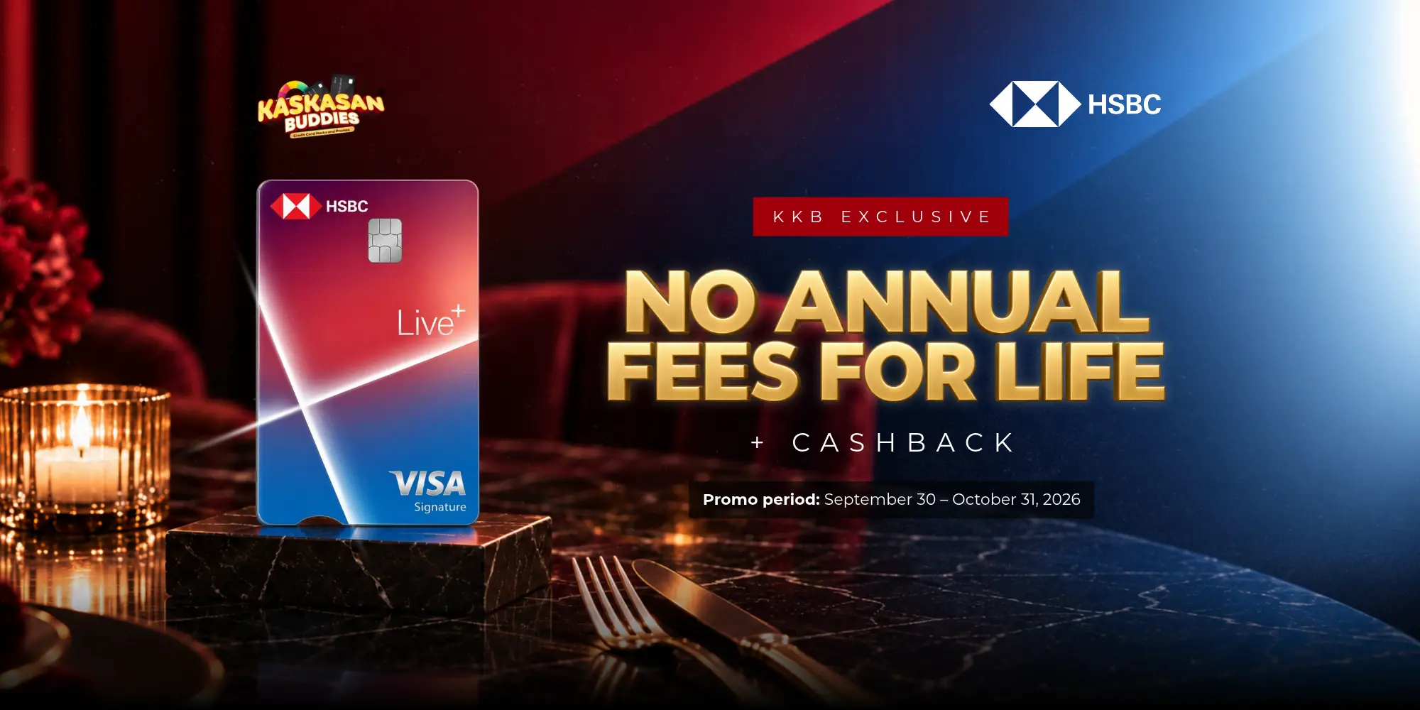 No Annual Fee for Life with your first HSBC Live+ promotional artwork